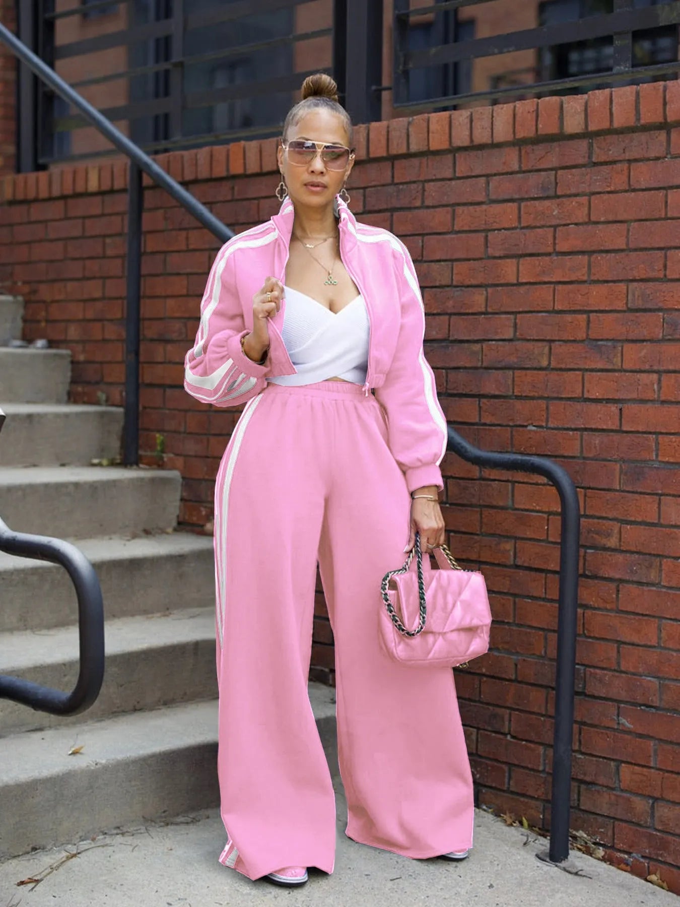 Street hipster two-piece sweater set with striped pattern in multiple colour options