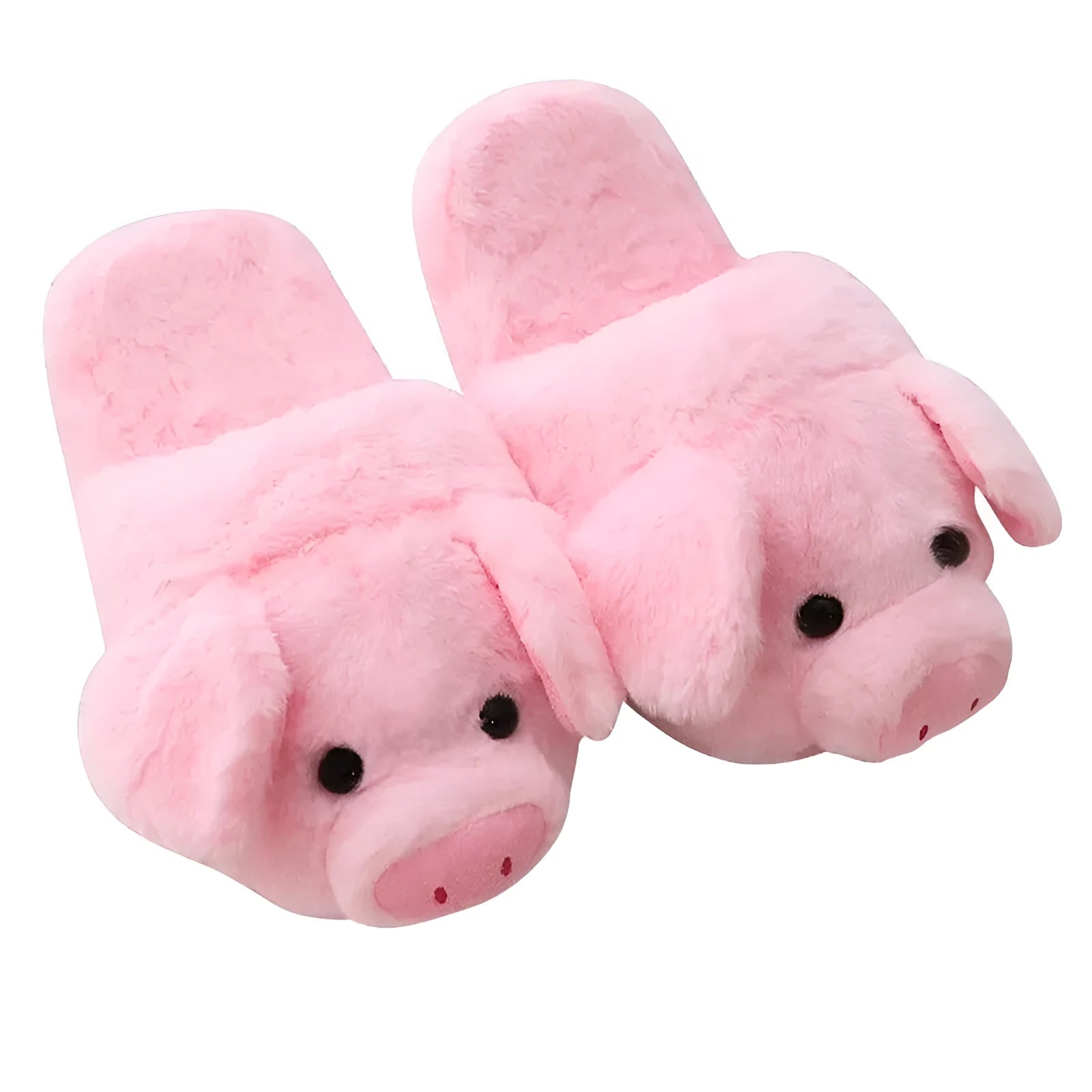 Pink plush pig slippers for adults with soft short fur and PP cotton filling on a white background.