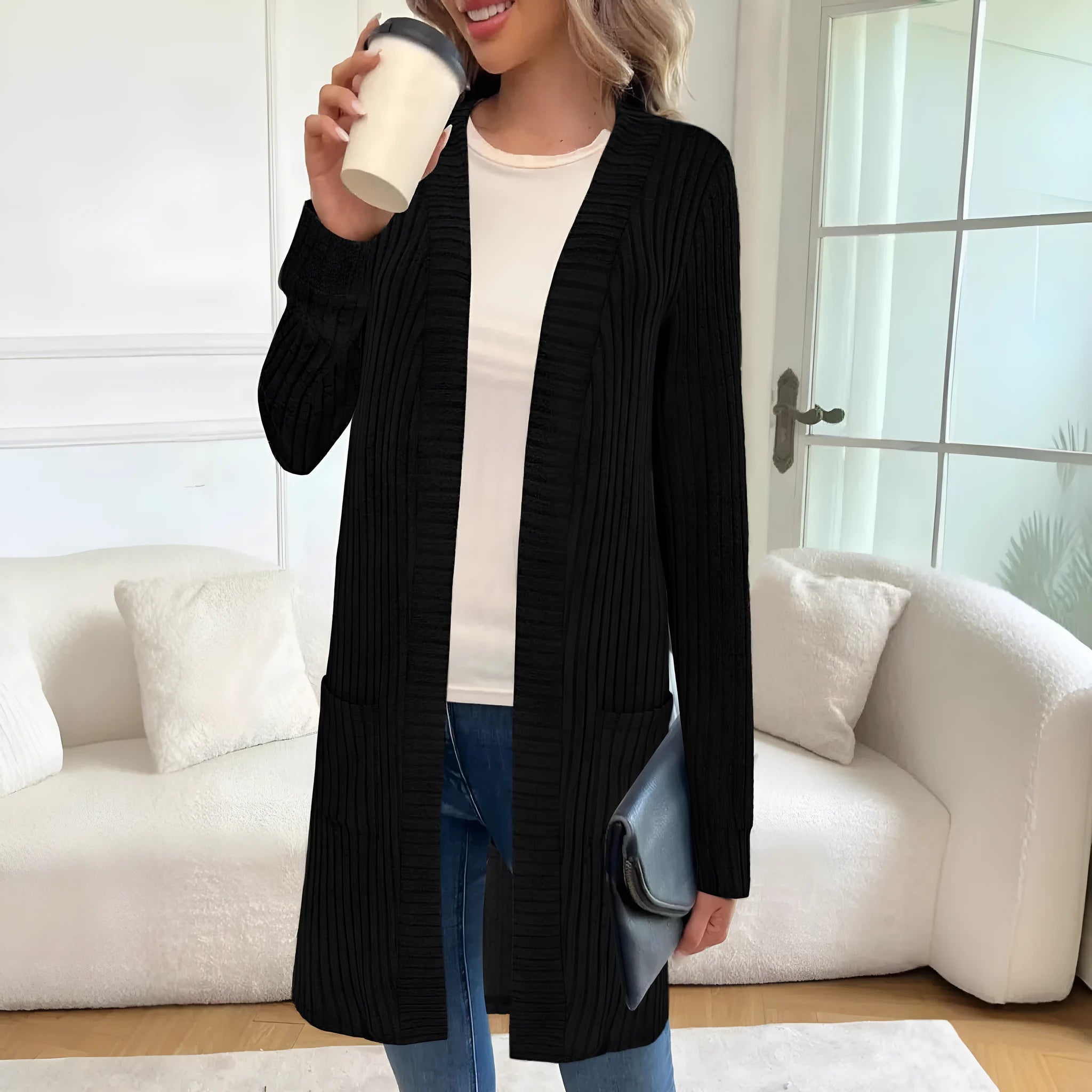 Long sleeve loose pocket knitted cardigan jacket in a relaxed fit, shown in black, grey, or wine red.