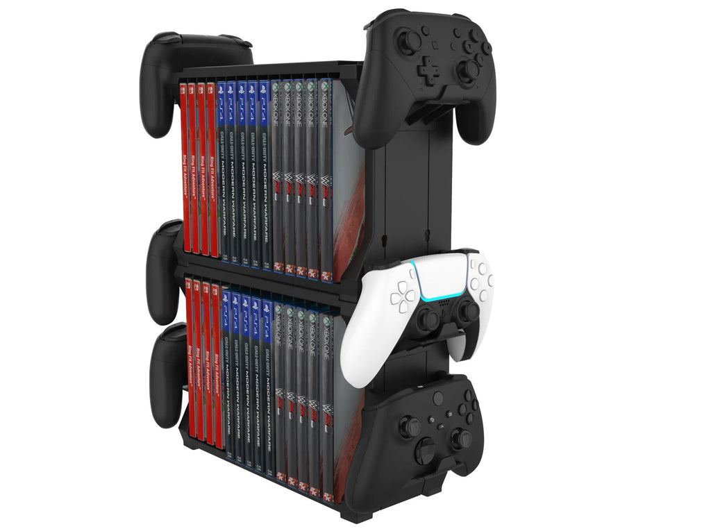 Black PS5 and Xbox Series X disc holder with controller stand storing game cases