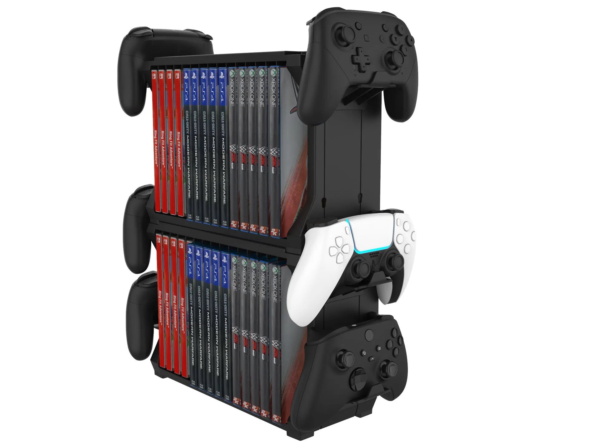 Black PS5 and Xbox Series X disc holder with controller stand storing game cases