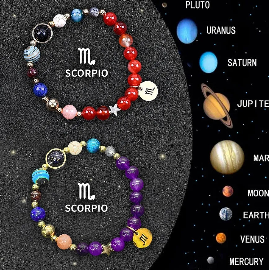 Twelve individual zodiac sign bracelets with natural stone beads and constellation charms on adjustable cords