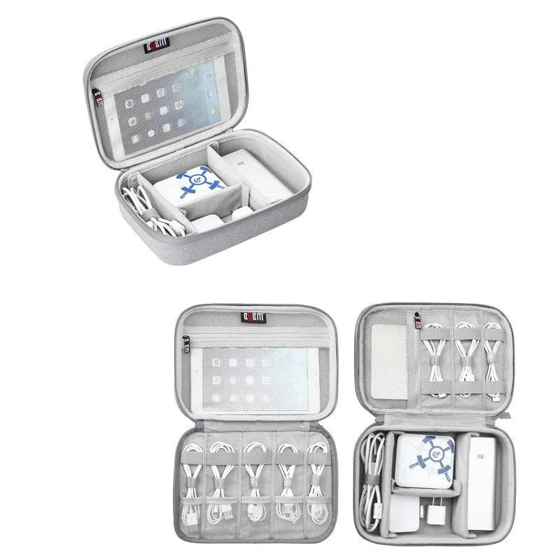 Black and grey EVA digital storage bag for earphones and cables, showing double-layer and single-layer style options.