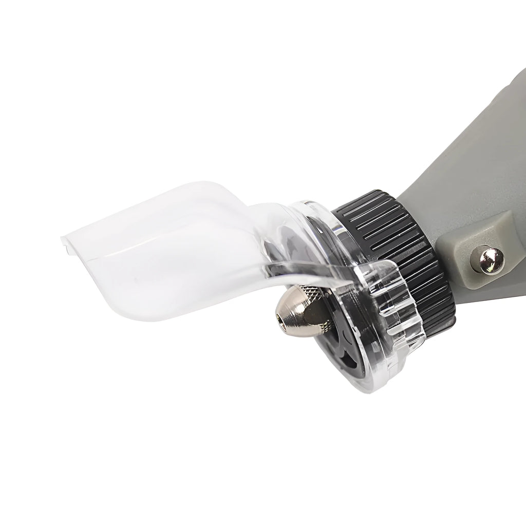 Transparent plastic horn-shaped safety face shield for industrial grinding and polishing tools.