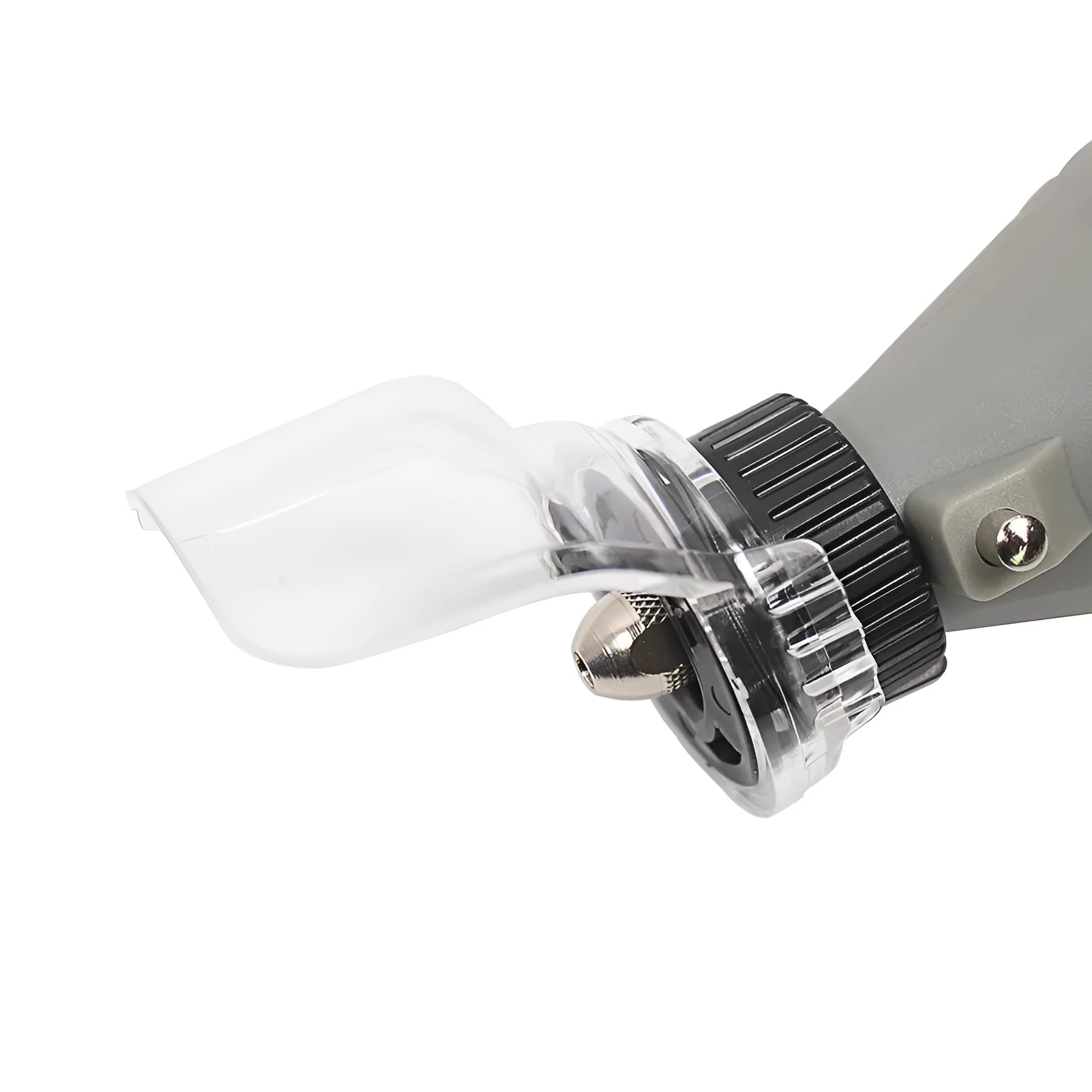 Transparent plastic horn-shaped safety face shield for industrial grinding and polishing tools.