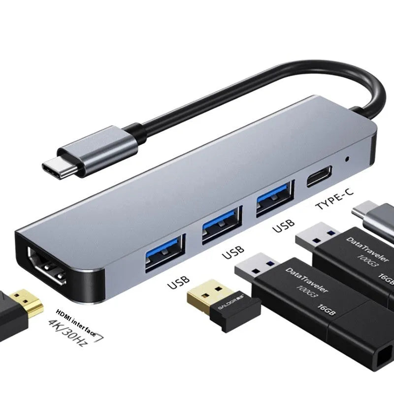 USB-C 7-in-1 expansion dock with HDMI port, USB 3.0 ports, and card readers connected to laptop