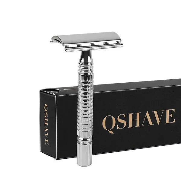 Double-edged safety razor with chrome-plated brass handle and storage case