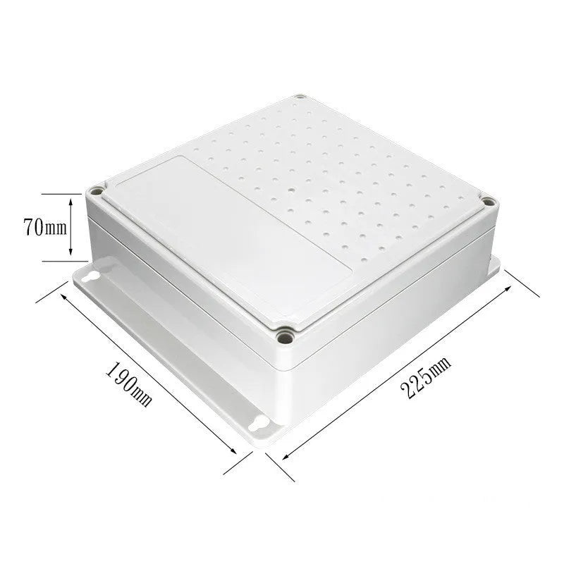 White indoor outdoor security power box with ABS construction measuring 225x190x70mm