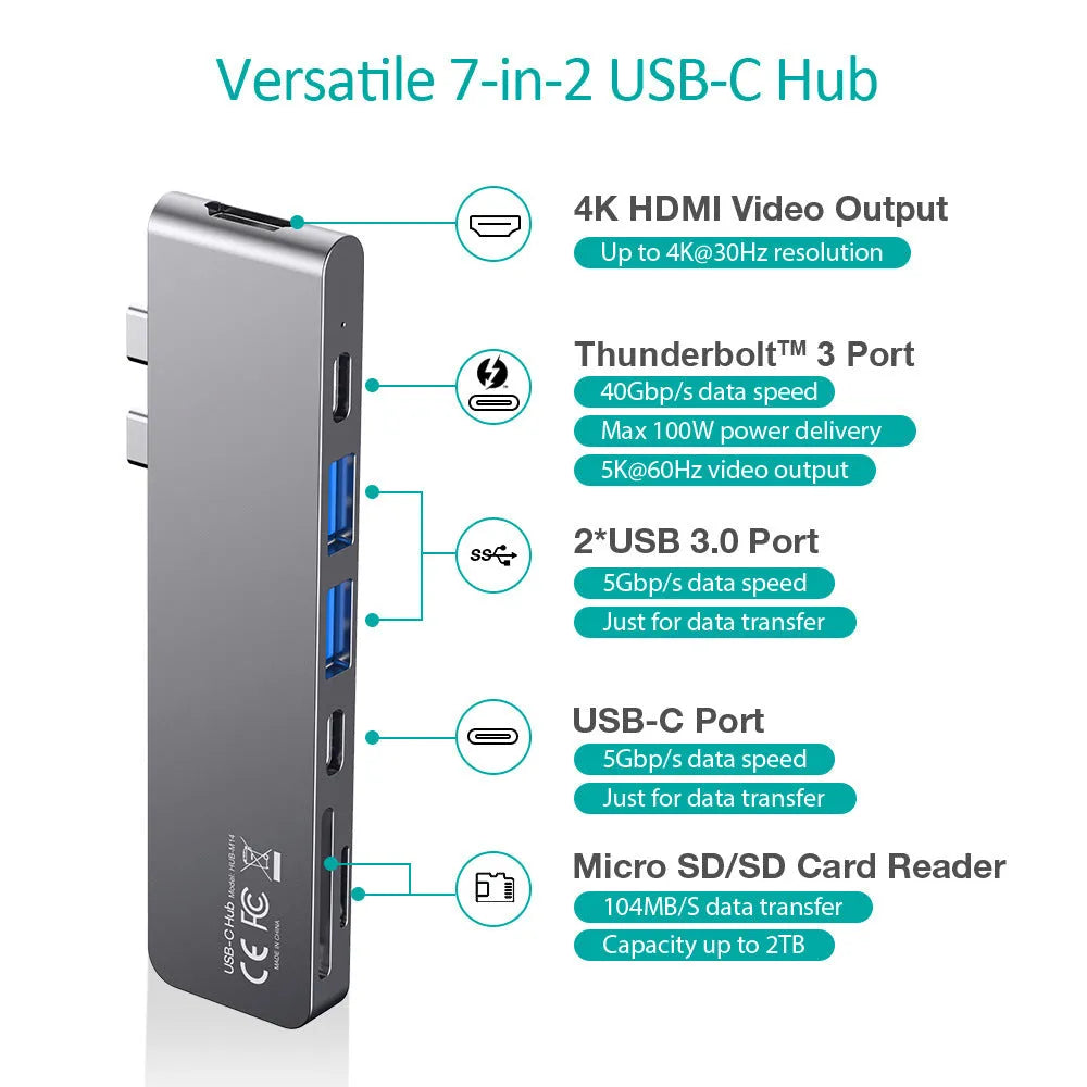 Aluminium alloy USB-C hub with SD card reader, HDMI, USB 3.0, and charging ports