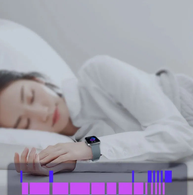 Blue smart watch with 1.7-inch colour touch screen on a wrist, showing fitness data.
