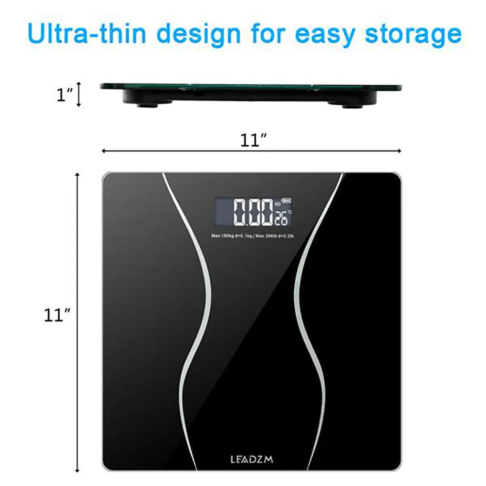 Black electronic bathroom scale with digital display showing weight measurement up to 180kg