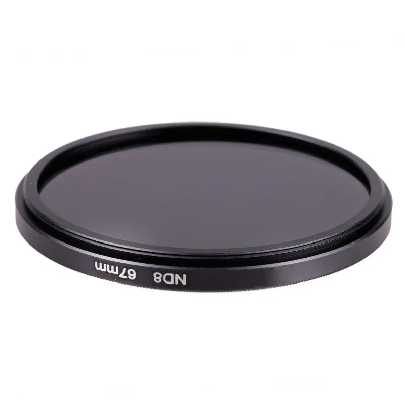 ND8 camera filter in aviation aluminium frame with optical resin lens showing thread size markings