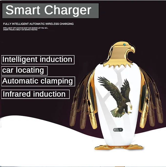Black and gold wireless charging car phone holder with eagle design and suction cup mount