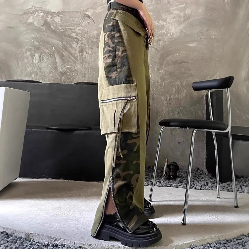 Women's retro high waist jeans with leopard print tooling style and fake two stitching on dark khaki denim