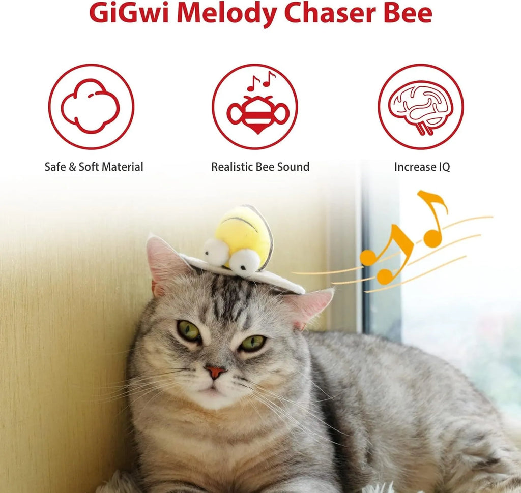 Yellow flannelette bee-shaped electronic cat toy on a plain background.