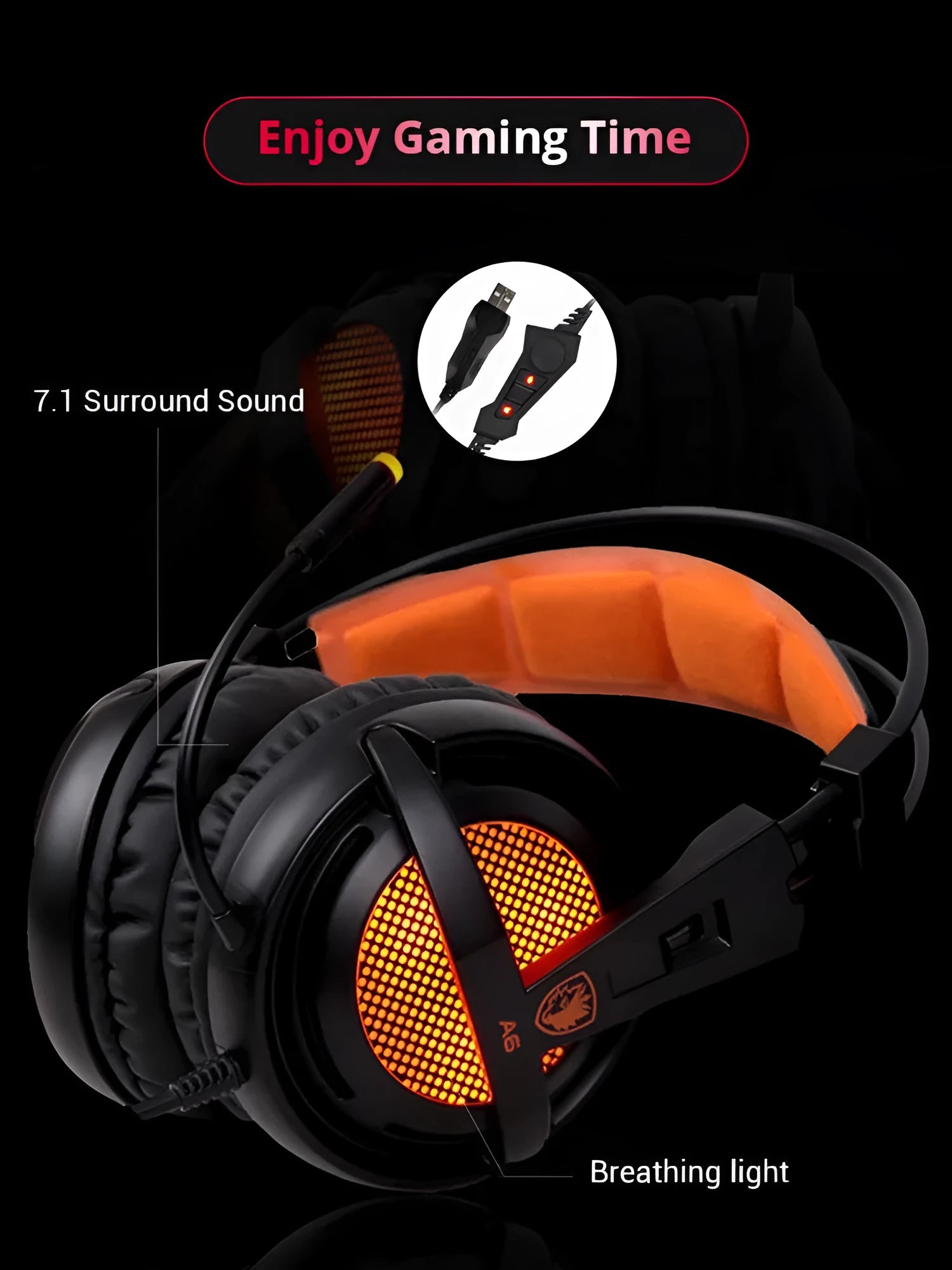 Black and white USB gaming headset with LED lights showing 40mm drivers and padded headband.
