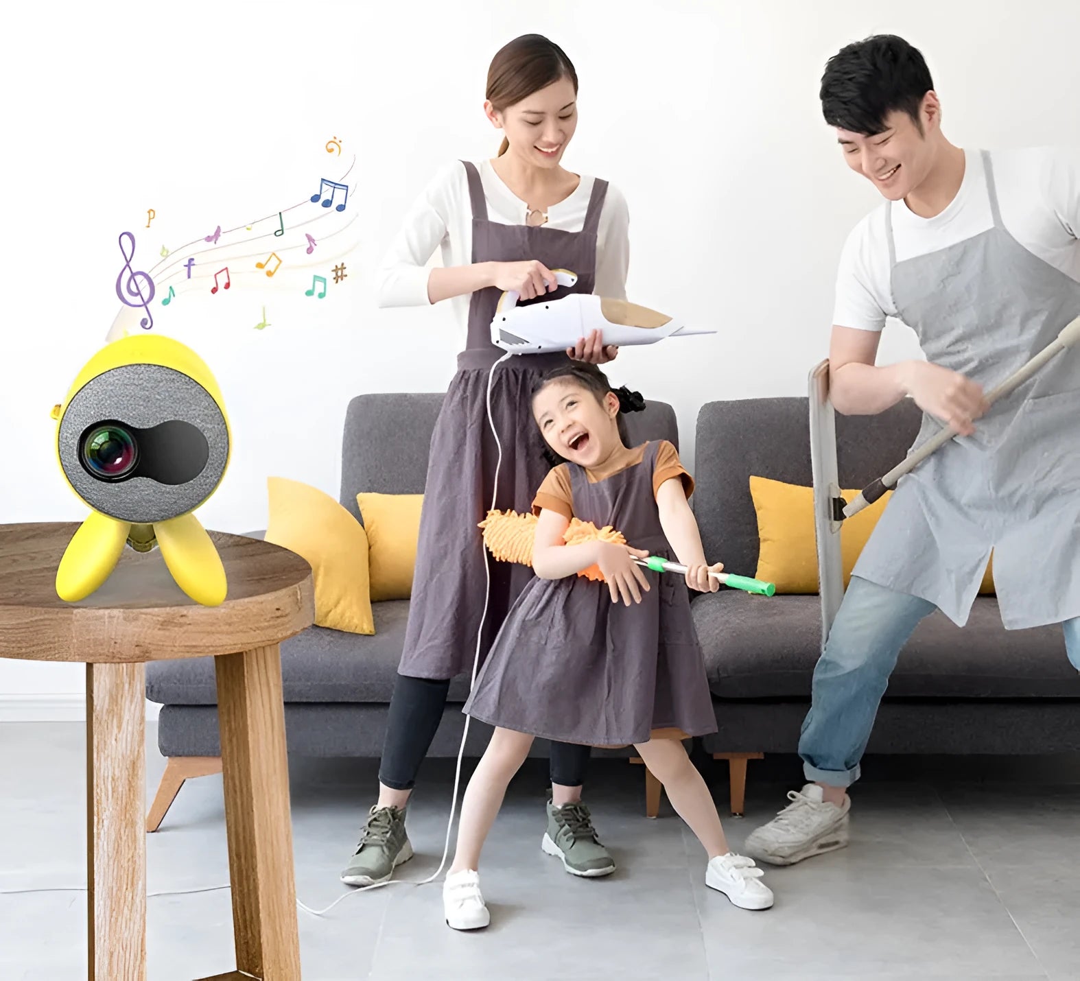 YG220 yellow and white LED projector showing front projection with international plug types
