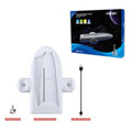 White PS5 Slim multi-function charging base with cooler pad fan, fixed charger belt, and RGB ambient lights.