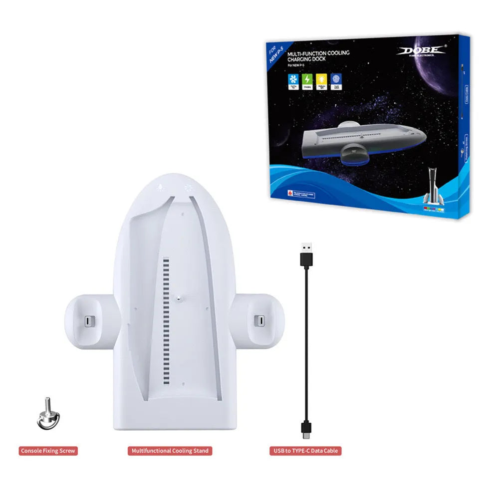 White PS5 Slim multi-function charging base with cooler pad fan, fixed charger belt, and RGB ambient lights.