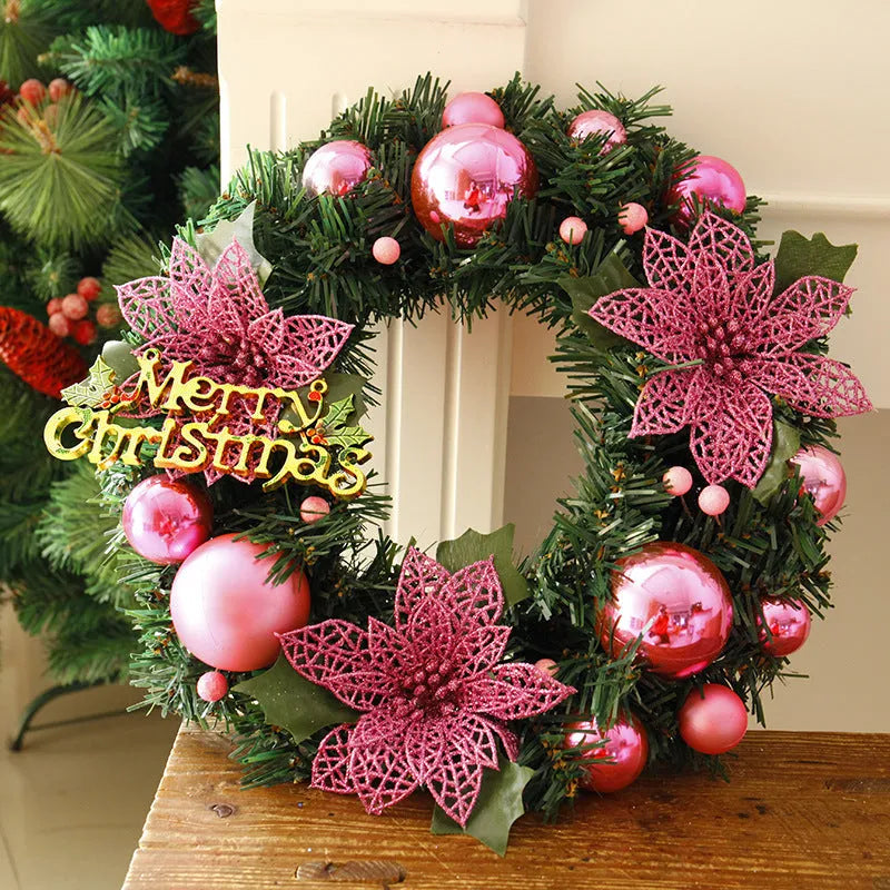 30cm multicolour plastic Christmas wreath hanging on door with blue, gold, pink, purple, red and silver colour options