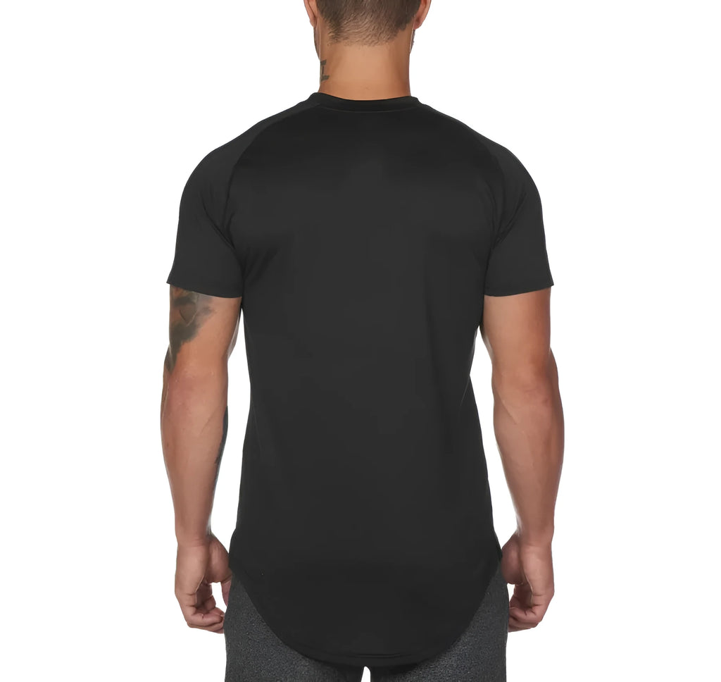 Men's plain cotton-spandex gym t-shirt shown in army green, black, and white, some with optional letter print.