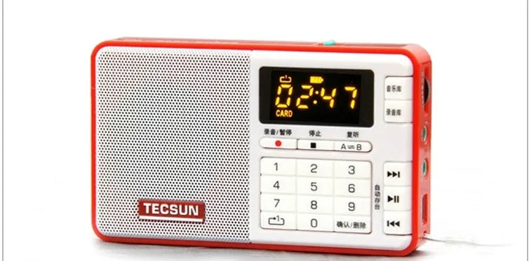 Tecsun Q3 portable digital audio player in one of six colours, showing front buttons and compact size.