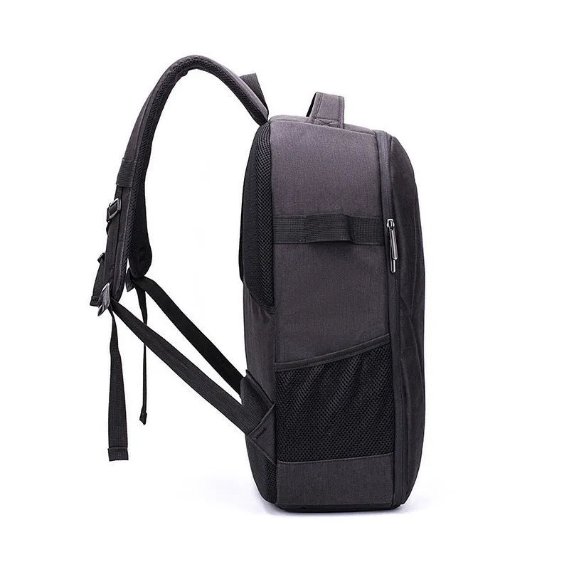 Black oxford cloth UAV waterproof backpack showing front view with zipper and multiple pockets