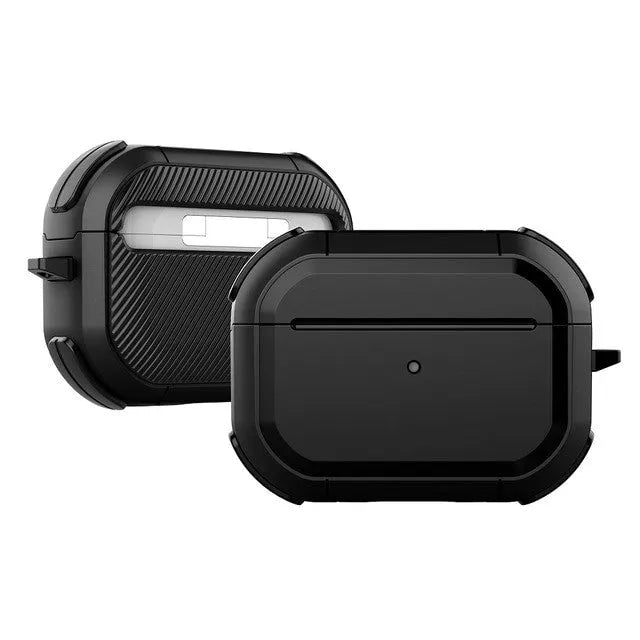 Black TPU and PC protective shell case for Apple AirPods 1, 2, and Pro charging case.