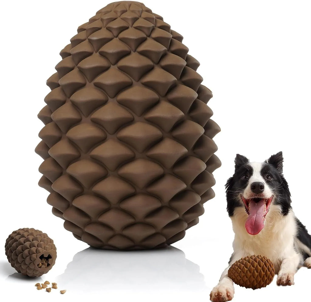 Yellow pine cone dog chew toy with treat dispenser hole for medium and large dogs