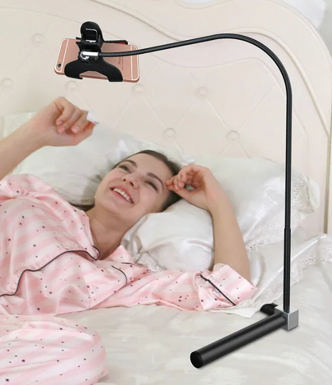 Black and white mobile phone bed bracket for bedside mounting with universal phone holder