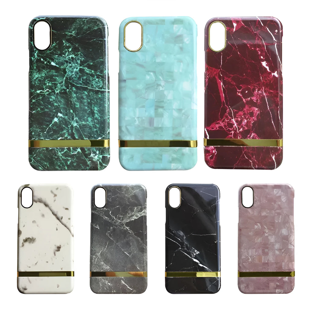 Marble pattern plastic case for iPhone on a table, shown in multiple colour options.