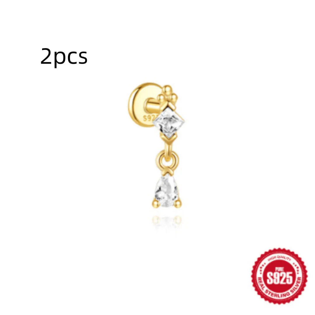 S925 sterling silver water drop earrings with flat spiral puncture design in single gold colour