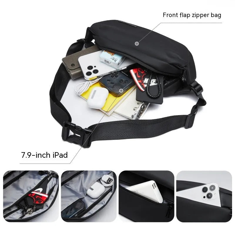 Black men's Oxford cloth messenger bag with cross-body strap on a plain background
