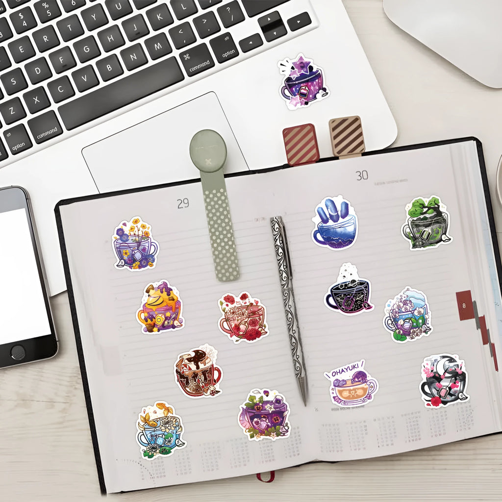 Set of 50 colourful tea cup graffiti waterproof stickers for scooter and luggage DIY decoration.