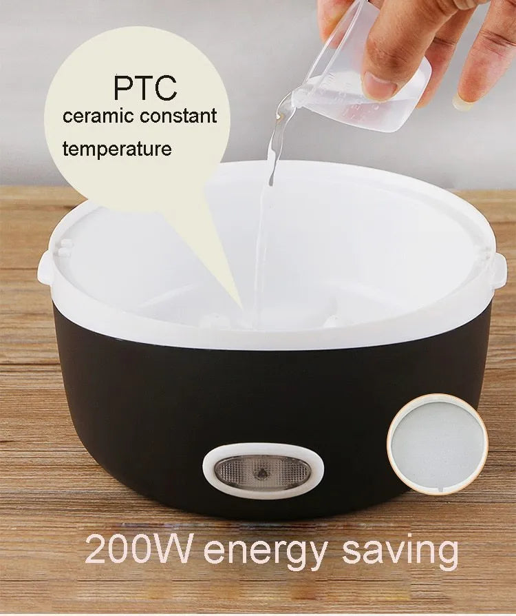 USB-powered thermal lunch box showing 190mm cubic dimensions and heating indicator light