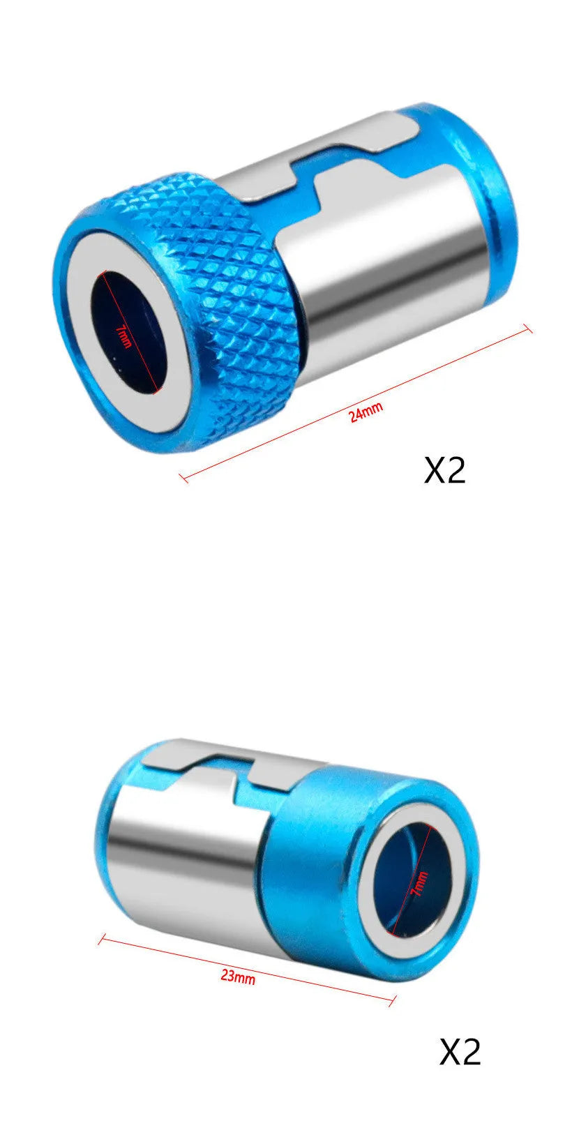 Light blue screwdriver bit with magnetic ring in high carbon steel, showing patterned and smooth ring designs