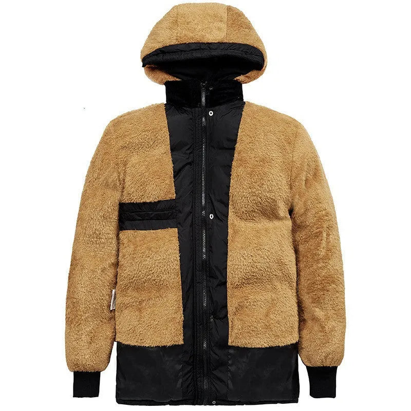 Man wearing a black double-breasted velvet padded hooded winter jacket.