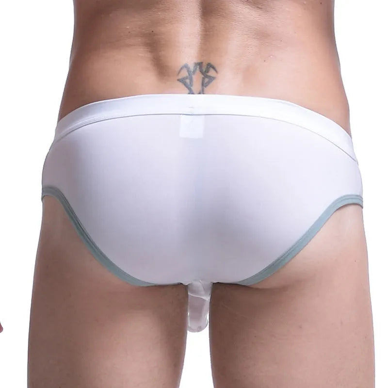 Men's mid-waist ice silk briefs in army green showing thin nylon fabric and bullet separation pouch design.