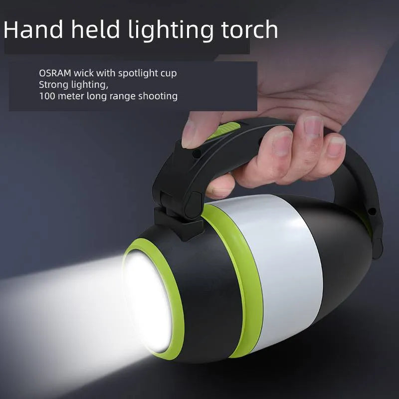 Black green foldable 3-in-1 LED camping lamp with USB charging port shown in open and closed positions.