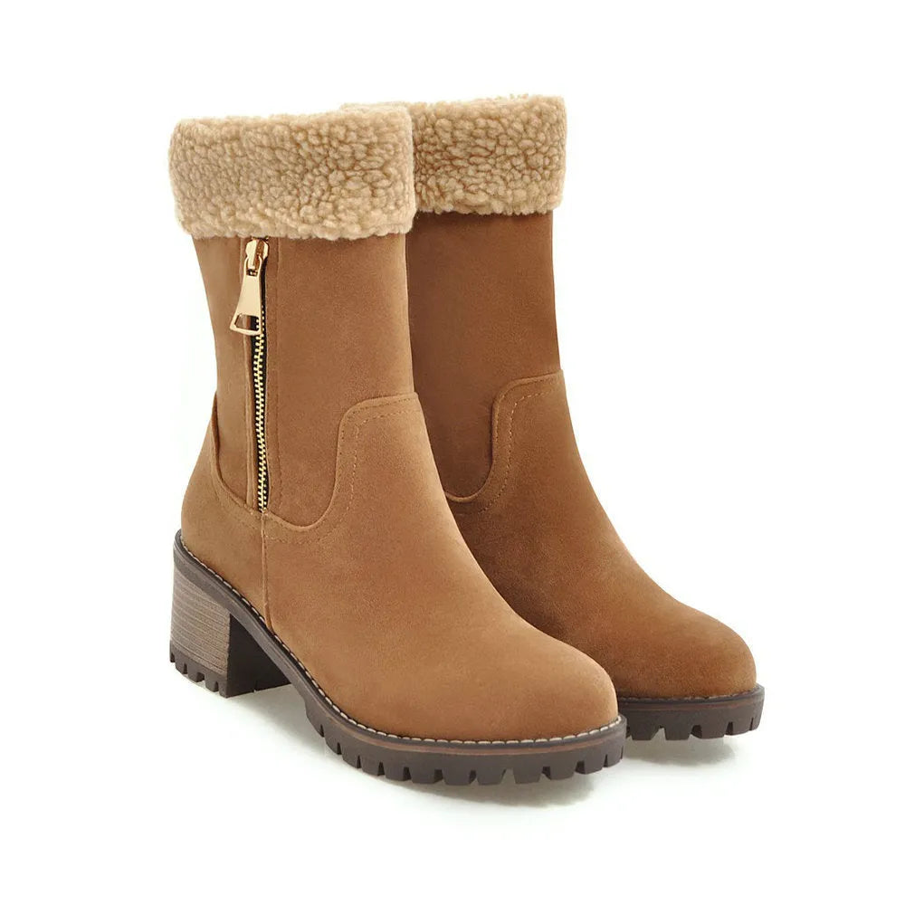 Waterproof snow boots with rubber soles and plush lining in black, grey, green, and orange colours