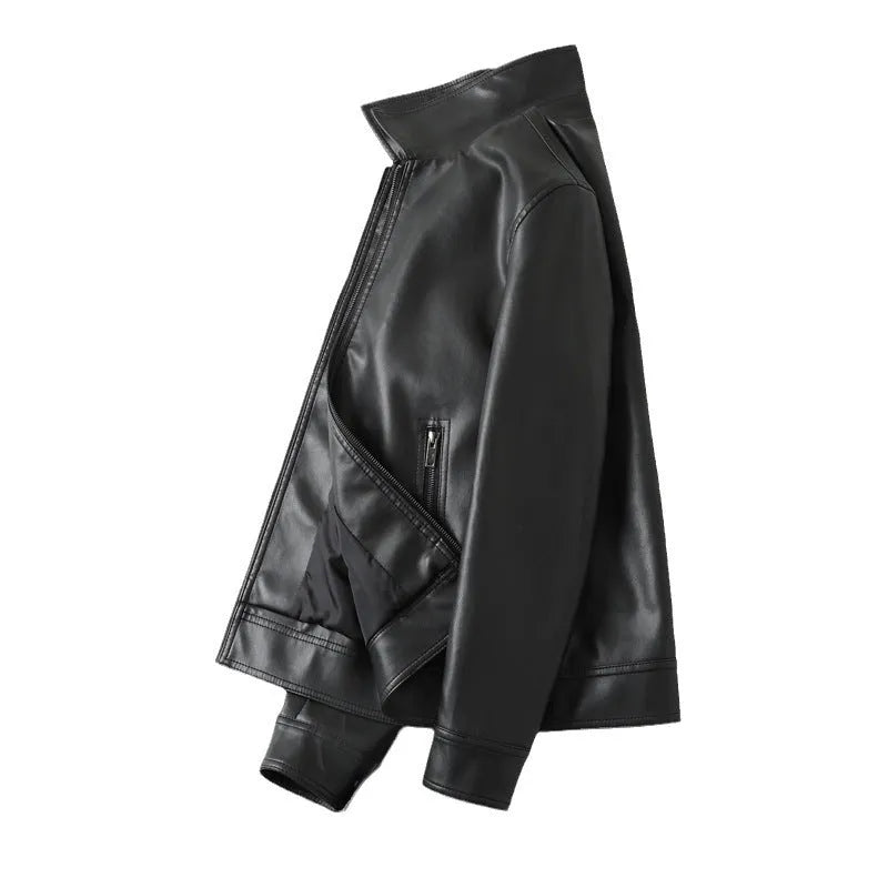 Black men's casual loose fit PU leather jacket with zippered pockets