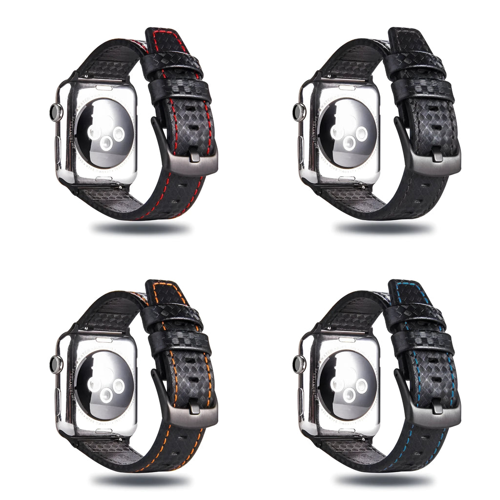 Carbon fibre leather Apple Watch strap showing red, black, orange, and blue line colour options