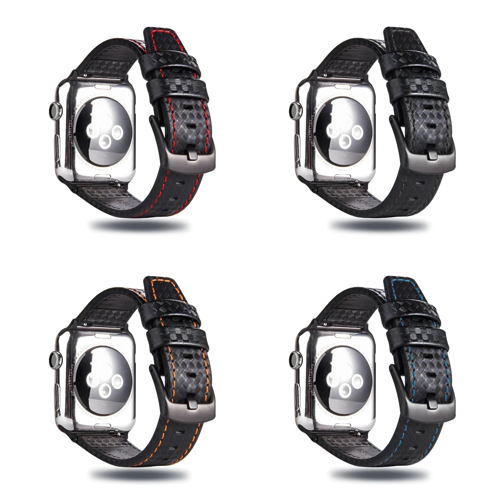 Carbon fibre leather Apple Watch strap showing red, black, orange, and blue line colour options