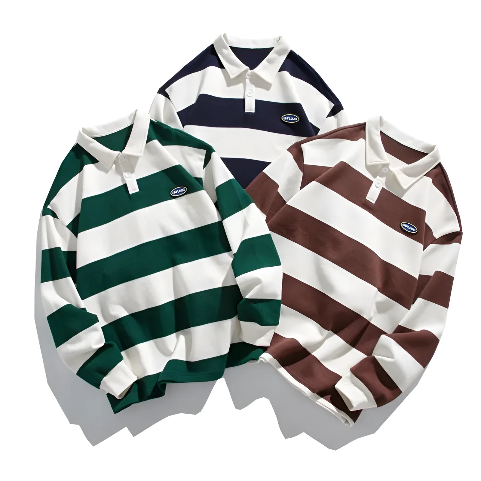 Man's loose fit Hong Kong style lapel polo shirt in pearl cotton, shown in sapphire blue, wheat green, and coffee colours.