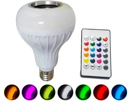 White E27 Bluetooth speaker LED bulb with remote control for smart lighting and audio