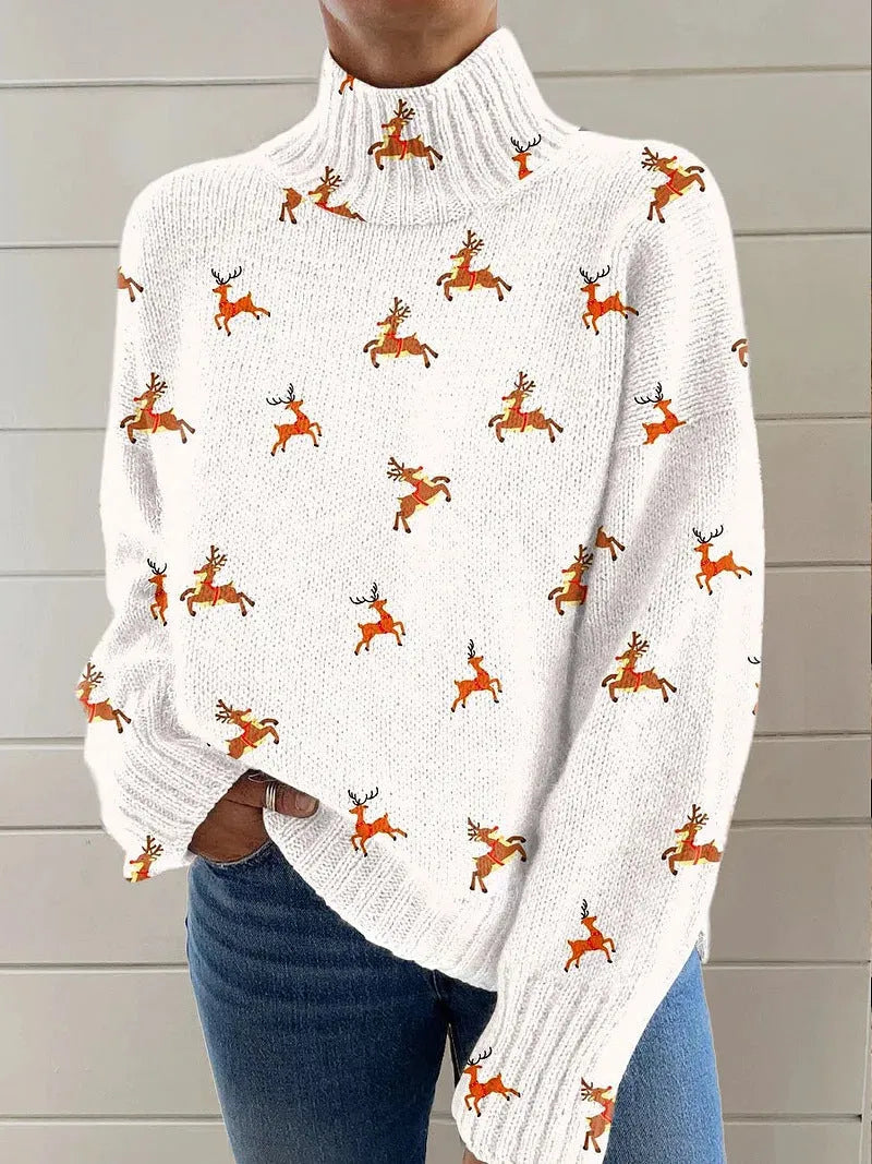 Women's Christmas pattern printed turtleneck sweater in macaron colours with long sleeves