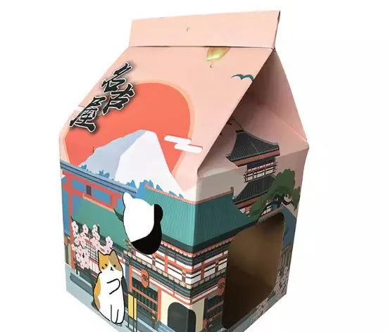 Foldable corrugated paper cat scratching board with Nagoya pattern design laid flat.