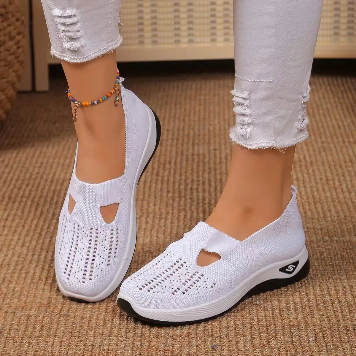 Women's casual mesh shoes with T-shaped shoulder strap and soft PVC sole in multiple colours