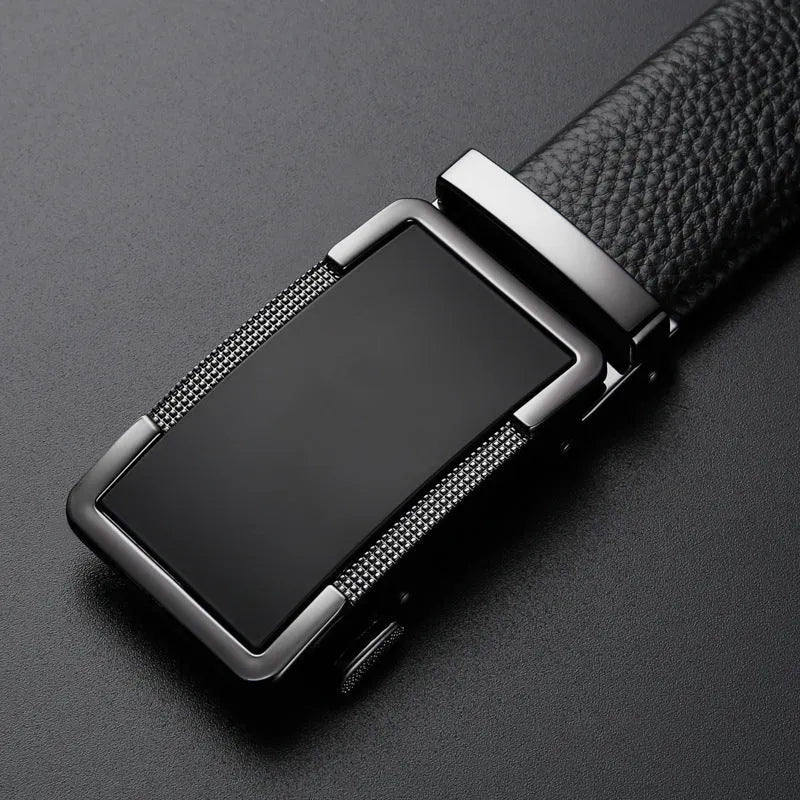 Men's leather comfort click belt with an alloy buckle in gun black, silver, or gold finish.