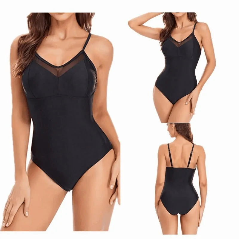 A black or blue ladies' backless one-piece swimsuit made from mesh fabric.